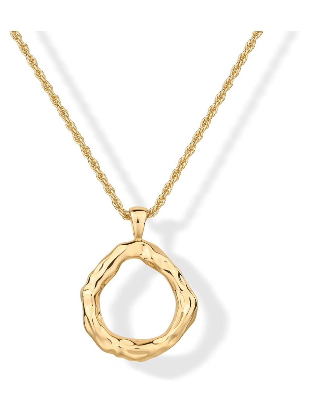 14K Gold Plated Hammered Circle Pendant Necklace 16" Rope Chain